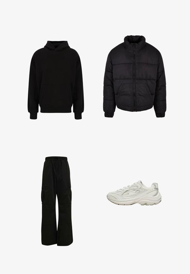 Zwarte pufferjack met een hoge kraag, ritssluiting aan de voorkant en elastische manchetten. Heeft horizontale stiksels en twee voorkruiden.; Zwarte pullover hoodie met een voorzak, ribgebreide manchetten en zoom. Gemaakt van zachte stof; heeft een relaxed fit en een verstelbare capuchon.; Zwarte cargobroek met een elastische tailleband, een brede beenontwerp en grote zijzakken voor functionaliteit en comfort. Glad textuur.; Witte sneaker met een gestructureerd bovenwerk en een dikke zool. Kenmerken zijn onder andere gebogen lijnen, subtiele grijze accenten en een veterontwerp.