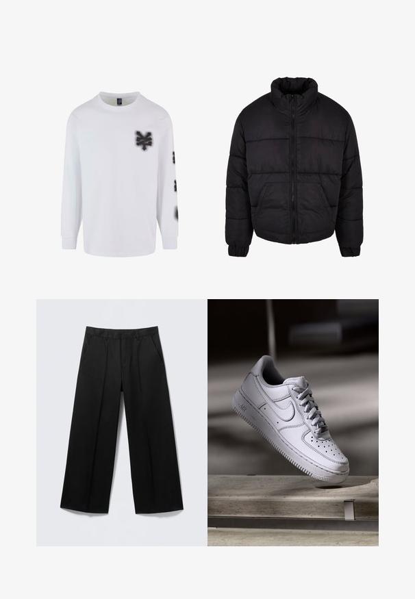Doudoune noire avec un col haut, fermeture éclair à l'avant et poignets élastiqués. Présente des coutures horizontales et deux poches avant.; T-shirt à manches longues blanc en coton, avec des graphiques style peinture en spray noire sur la poitrine gauche et la manche. Design classique à col rond.; Pantalon large noir avec passants pour ceinture, poches avant et fermeture éclair, présenté sur un fond gris clair.; La basket Nike Air Force 1 en cuir blanc présente un embout perforé, des lacets plats et une semelle en caoutchouc texturée avec le logo « AIR » sur le côté.