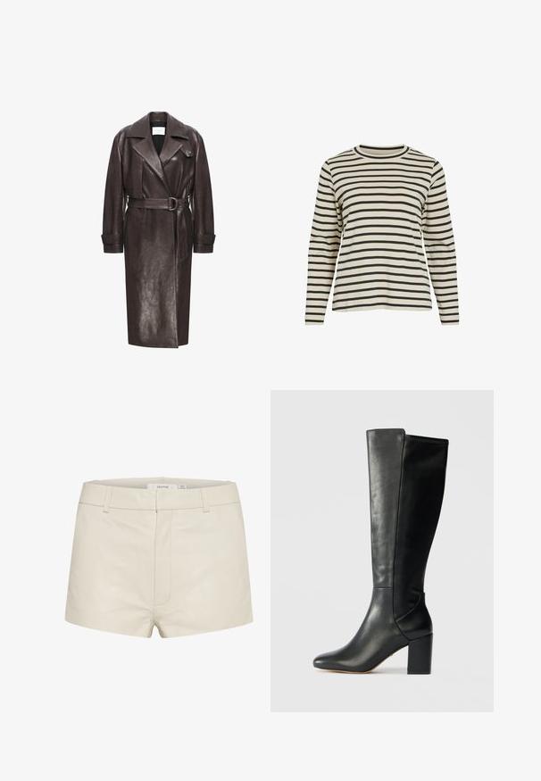 Bruine leren trenchcoat met brede revers, een ceintuur in de taille en grote manchetten. Glad van textuur met een minimalistisch ontwerp en een voorkeursluiting.; Beige shirt met lange mouwen, zwarte horizontale strepen en een ronde hals, weergegeven op een witte achtergrond.; Beige leren shorts met een gladde textuur, voorzien van een aansluitende taille, riemlussen en subtiele stiksels aan de voorkant. Eenvoudig, hedendaags ontwerp.; Zwarte laarzen tot de knie, gemaakt van glad leer, met een spitse neus en een stevige, vierkante hak. Eenvoudig ontwerp met minimale stikseldetails.