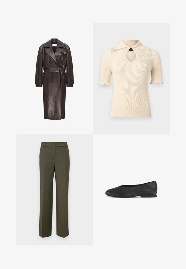 Brun læder trench coat med brede revers, belagt talje og store manchetter. Glat tekstur med et minimalistisk design og frontlukning.; Cremefarvet kortærmet top med ribstruktur, foldet krave og en nøgleringsudskæring under halsudskæringen, med bølget kant på ærmerne.; Olivengrøn skræddersyede bukser lavet af tekstureret stof. Har et lige ben-design med flad front og ingen synlige dekorationer.; Sorte læder flade sko med rund tå og lav hæl, designet til både casual og formelt brug.