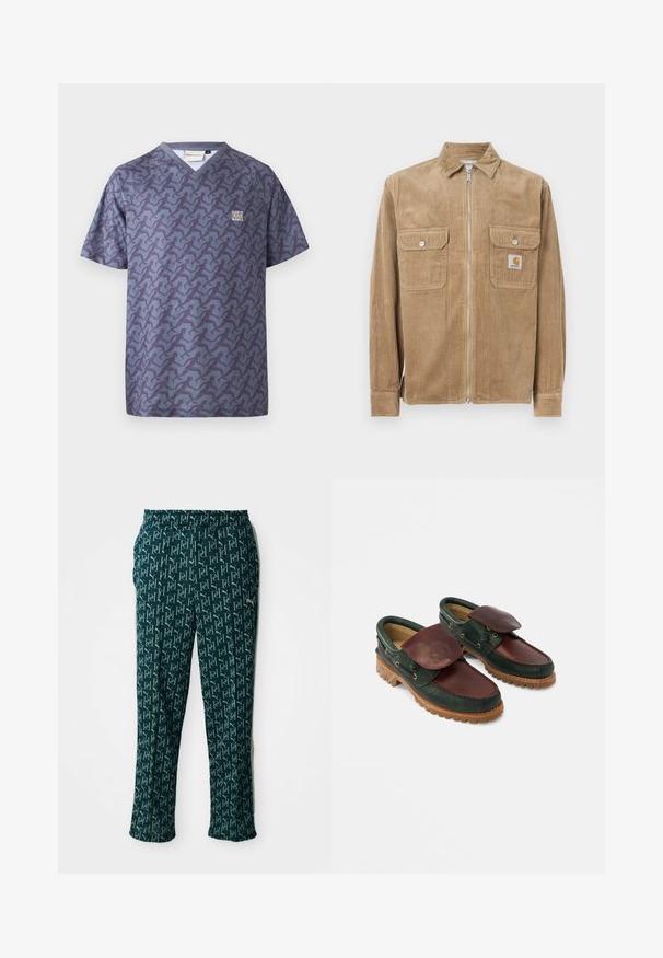 Braune Cordjacke mit einem vorderen Reißverschluss, zwei Brusttaschen und einem kleinen Logolabel. Mit einem klassischen Kragen und gerippter Textur.; Cleptomanicx RELAY - T-Shirt print - nightshadow blue; Grüne gemusterte Hose mit einem wiederholten Logo-Design, einem elastischen Bund und geradem Schnitt, präsentiert vor einem neutralen Hintergrund.; Lederschuhe mit einem dunkelgrünen Oberteil und einem bordeauxroten oberen Teil, runder Spitze, gesichertem Klappverschluss und einer strukturierten Gummisohle mit Rillen.