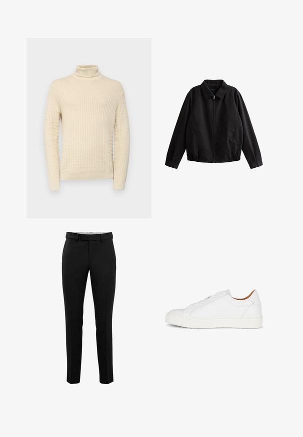 Sort lynlåssjakke med krave, elastiske manchetter, sidelommer og en glat, mat tekstur. Klassisk, afslappet pasform.; Crèmfarvet turtleneck sweater med et struktureret strikkemønster, der har lange ærmer og ribbede manchetter og kant.; Sorte skræddersyede bukser med slim fit, glat stof, bæltestropper og flad front. Designet med sidelommer og skræddersyede nederkanter.; Hvide lædersneakers med en glat overflade, rund tå, snørebånd foran og struktureret gummisål. Minimalistisk design uden synlige logoer.