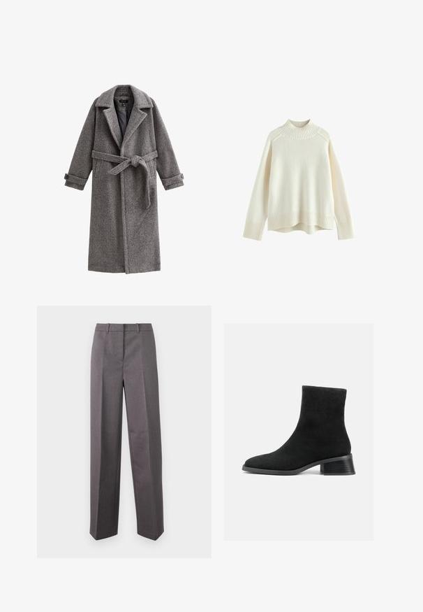 Abrigo largo de lana gris con cinturón, solapa con muesca y puños abotonados. Presenta una tela texturizada, frente abierto y mangas sueltas.; Jersey de color crema con un cuello de tipo mock ribeteado, mangas largas y un corte holgado. Tela de punto texturizada y detalle de ribete en el dobladillo inferior.; Pantalones grises a medida hechos de tela texturizada, con un diseño de pierna recta, frente plano y trabillas para el cinturón.; Botín de ante negro hasta el tobillo con punta redondeada, caña corta y tacón bajo apilado. Textura suave sin patrones ni adornos visibles.