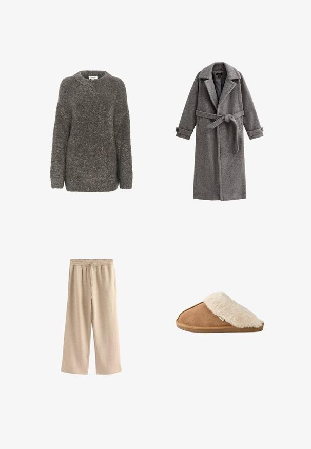 Lang grå uldfrakke med bælte, hakket krave og knaplukninger ved ærmerne. Har tekstureret stof, åben front og løse ærmer.; Grå, tekstureret sweater med rund halsudskæring, lange ærmer og løs pasform. Lavet af et blødt, fnugget materiale, der har et enkelt design.; Cremefarvede breddebenede bukser lavet af blødt bomuldsblandingsstof. Har en elastisk talje med snor og en subtil plettet tekstur.; Brun slip-on tøffel med blød beige imiteret pelsforing og sål, vist fra siden på hvid baggrund.