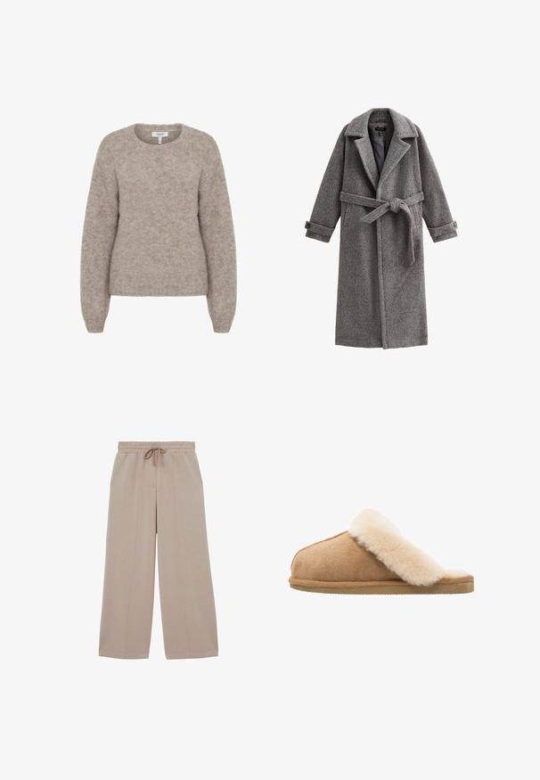 Lang grå uldfrakke med bælte, hakket krave og knaplukninger ved ærmerne. Har tekstureret stof, åben front og løse ærmer.; b.young BYMILLER - Striktrøje - humus melange; Beige bukser med vide ben, elastisk talje og snøre, med detaljer ved front-sømmen og afslappet pasform.; Beige ruskind slip-on hjemmesko med en blød, fluffy creme lammeskindsforing. Har en flad, tekstureret gummisål for godt greb.
