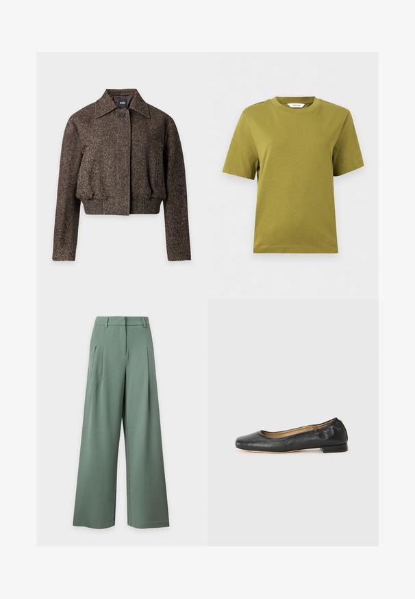 Veste courte marron en mélange laine à chevrons avec col, fermeture par un bouton, taille élastiquée et manches longues par BOSS.; T-shirt olive à manches courtes et col rond avec un ourlet droit, présenté sur un fond gris clair.; Pantalon taille haute à jambes larges en vert doux avec passants de ceinture, poches latérales et plis devant sur un fond clair.; Ballerines en cuir noir avec un bout arrondi et des coutures minimales. Talon bas et rectangulaire avec une texture lisse. Détails subtils de doublure intérieure.