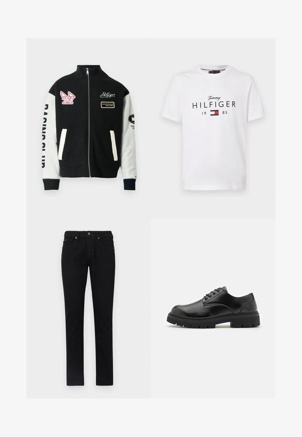 Schwarz-weißes Jacke mit Reißverschluss, versehen mit den Logos "Hilfiger" und "Championship Team 1985", einem geflügelten "TH"-Aufnäher und dem Schriftzug "Racing Club" auf den Ärmeln.; Weißes T-Shirt mit kurzen Ärmeln, auf dem "Tommy Hilfiger 1985" steht, sowie dem rot-weißen und schwarzen Tommy Hilfiger-Flaggenlogo auf der Vorderseite.; Schwarze Jeanshose, mit geradem Bein, ausgestattet mit einem Fünf-Taschen-Design, einem Frontknopfverschluss und einer glatten, einheitlichen Textur.; Schwarze Lederschuhe mit runder Zehenform, Schnürdesign und einer dicken, strukturierten Gummisohle. Sie verfügen über eine Naht entlang des Randes und haben eine glatte Oberfläche.