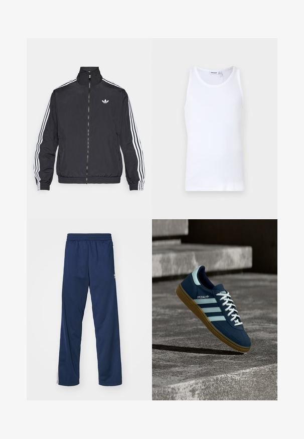Zwart jack met ritssluiting en hoge kraag, met drie witte strepen langs de mouwen en een klein wit logo op de borst. Gladde stoftextuur.; Witte katoenen tanktop met ronde hals en brede banden. Gladde textuur, geen patronen, schoon ontwerp en een merklabel op de halslijn.; Navyblauwe sportbroek met een elastische tailleband, voorzien van witte zijkanten en een logo accent op de linker dij.; Blauwe Adidas Spezial sneaker met witte strepen en veters, gumzool, zwevend boven een ruwe betonnen oppervlakte en trappen op de achtergrond.