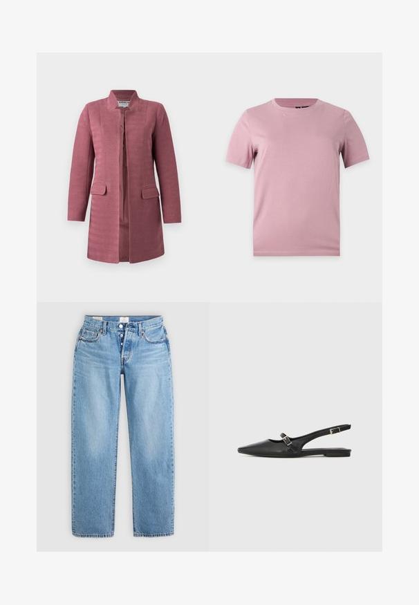 Rosa tekstureret frakke med straight snit, mandarinkrave og to forlommer. Har et fiskebensmønster og et design uden knapper.; Enkelt kortærmet blød lyserød bomulds-t-shirt med rund hals, vist på en flad lysgrå baggrund.; Lysblå denim jeans med lige snit, fem lommer og knaplukning. Har syet detaljer og en ren kant.; Sorte læder slingback-sko med spids tå, med en smal rem og en sølvspænde-detalje på siden. Flad sål.