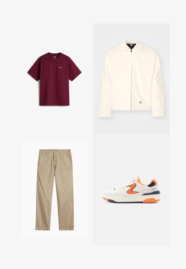 Chaqueta blanca con cremallera, cuello con punta, textura suave, bolsillos laterales y un pequeño parche de logo en la cadera izquierda.; Camiseta de algodón marrón con mangas cortas, escote redondo y pequeño logo blanco de Vans en el pecho izquierdo. Textura suave, corte holgado.; Chinos beige de pierna recta con trabillas para cinturón, cierre de botón y cremallera en la parte delantera, y bolsillos delanteros inclinados.; Zapatilla blanca con acentos en naranja y azul marino, paneles texturizados y detalles perforados. Cuenta con una suela elevada y el número "1992" bordado en el lateral.