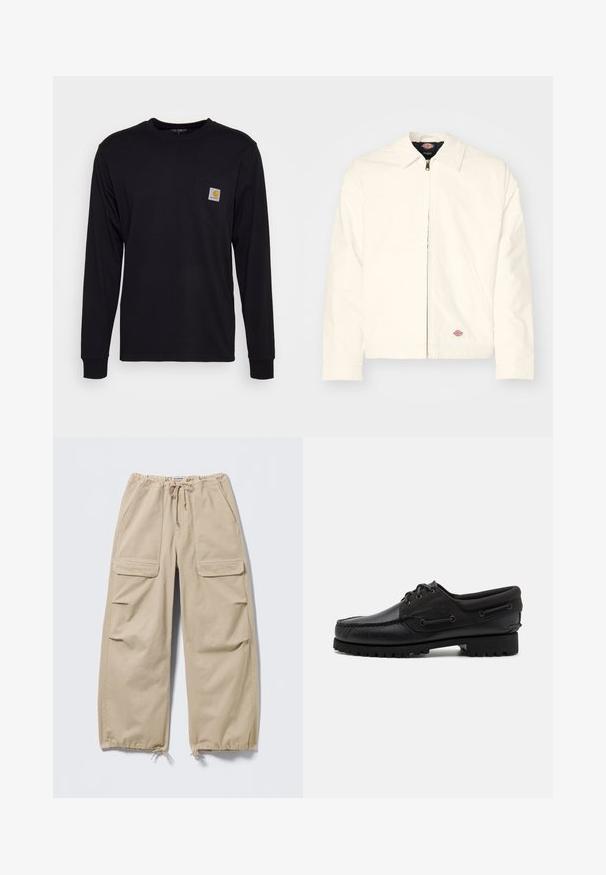 Weißer Reißverschlussjacke mit spitzem Kragen, glatter Textur, seitlichen Taschen und einem kleinen Logopatch an der linken Hüfte.; Schwarzes Langarmshirt aus Baumwolle. Verfügt über eine Brusttasche mit einem quadratischen grauen Etikett und orangefarbigem Logo. Einfaches, einfarbiges Design.; Beige Cargohosen mit weitem Bein, Kordelzugbund und -säumen, Klappentaschen an den Oberschenkeln und Seitentaschen mit Schlitz.; Schwarzer Schuh mit einem Obermaterial aus Leder, textilen Akzenten, runden Schnürsenkeln und einer strukturierten Gummisohle. Verfügt über Mokassin-Nähte und eine Markeninschrift.