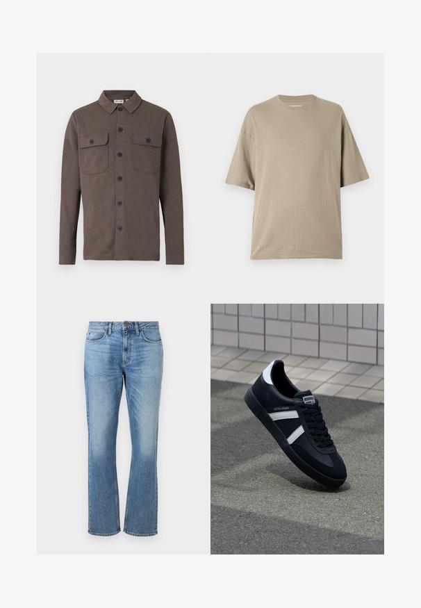 Brun langærmet skjorte med knapper og to brystlommer med knapper samt en klassisk krave på hvid baggrund.; Beige kortærmet t-shirt lavet af blødt bomuld, med rund halsudskæring og afslappet pasform, glat tekstur og minimal detaljer.; Lyseblå denim jeans med et lige ben-design, der har forsænket knaplukning, fem lommer og slidte områder for tekstur.; Sort lædersneaker med hvide striber, tekstureret gummisål og snørrebånd foran. Har et brandet mærke på tungen.