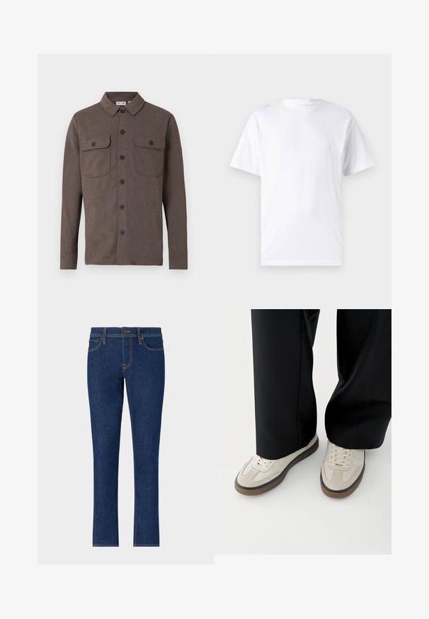 Braunes langärmeliges Hemd mit Knöpfen, zwei knöpfbaren Brusttaschen und klassischem Kragen auf weißem Hintergrund.; Weißes kurzärmeliges T-Shirt aus Baumwolle mit Rundhalsausschnitt, das eine glatte Textur und ein einfaches Design ohne Muster oder Akzente aufweist.; Dunkelblaue Denim-Jeans mit einem geraden Bein-Design, das subtile Nähte, fünf Taschen und einen Knopfverschluss an der Taille aufweist.; Füße mit beigen Sneakers mit braunen Sohlen und schwarzen Hosen mit weitem Bein auf weißem Hintergrund.