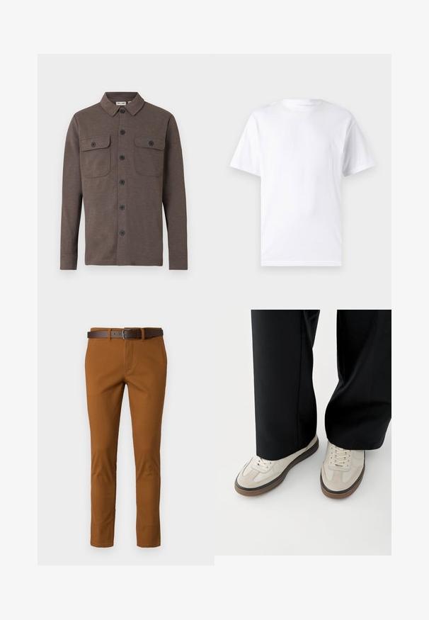 Brun langærmet skjorte med knapper og to brystlommer med knapper samt en klassisk krave på hvid baggrund.; Hvid kortærmet t-shirt lavet af bomuld med rund hals, der har en glat tekstur og et simpelt design uden mønstre eller accenter.; Brune bomuldsbukser med slim fit, der har et brunt læderbælte og diskrete syninger. Glat tekstur og skræddersyet form.; Fødder iført beige sneakers med brune såler og sorte bukser med vide ben på hvid baggrund.