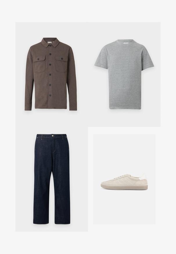 Chemise marron à manches longues avec boutons, deux poches poitrine boutonnées et un col classique sur fond blanc.; T-shirt gris uni à manches courtes et col rond avec une petite étiquette blanche "ONLY & SONS" à l'intérieur du col.; Jean en denim bleu foncé à jambes droites avec bouton à l'avant, fermeture éclair, passants pour ceinture et poches, présenté sur un fond uni.; Baskets en daim beige avec une tige texturée, un contrefort de talon blanc lisse, de fines lacets et une semelle extérieure en caoutchouc. Présente un design bas profil.
