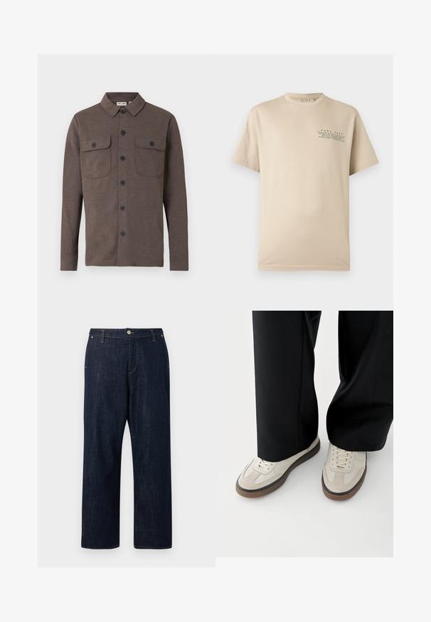 Bruine lange-mouw blouse met knopen, voorzien van twee borstzakken met knopen en een klassieke kraag, op een witte achtergrond.; Beige T-shirt met korte mouwen en ronde hals, met kleine groene tekst "PURE ZEST" en een citroen-geïnspireerde spreuk op de linkerborst.; Donkerblauwe denim jeans met rechte pijpen, voorzien van een voorste knoop, ritssluiting, riemlussen en zakken, afgebeeld tegen een effen achtergrond.; Voeten met beige sneakers met bruine zolen en zwarte wijde broekspijpen op een witte achtergrond.
