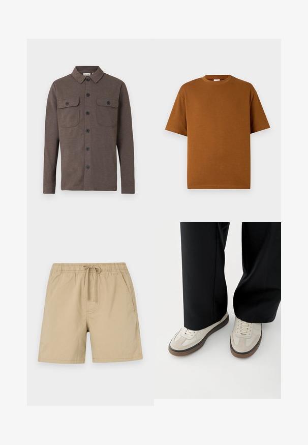 Brun langærmet skjorte med knapper og to brystlommer med knapper samt en klassisk krave på hvid baggrund.; Brun kortærmet t-shirt lavet af blødt stof, med rund halsudskæring og afslappet pasform med lige kant. Ingen synlige mønstre eller accenter.; Beige shorts lavet af bomuld med elastisk talje, snoretræk og sidelommer. Glat tekstur og længde over knæet.; Fødder iført beige sneakers med brune såler og sorte bukser med vide ben på hvid baggrund.