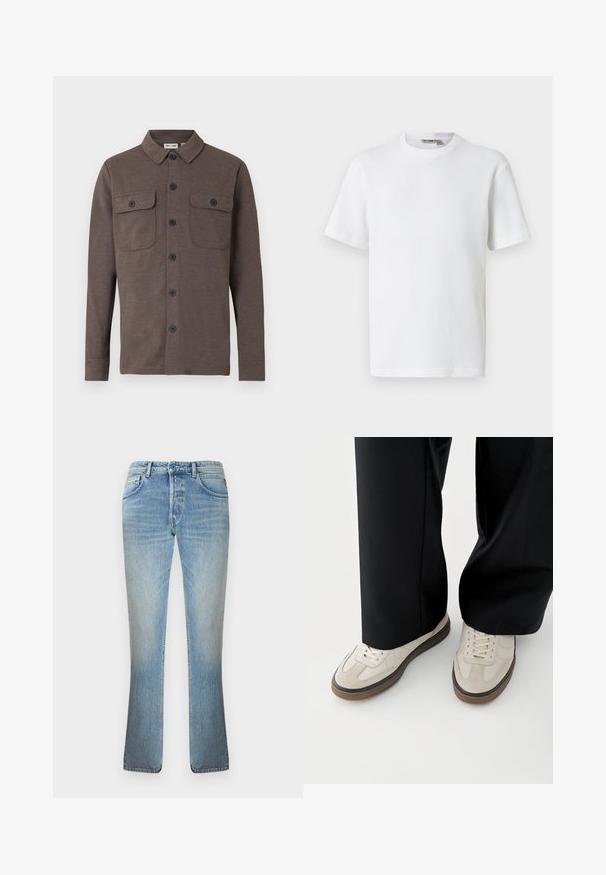 Brun langærmet skjorte med knapper og to brystlommer med knapper samt en klassisk krave på hvid baggrund.; Hvid kortærmet t-shirt i vaffelmønster med rund hals og et lille mærke med brandnavn inde i kraven, vist på en ensfarvet baggrund.; Lyseblå denimjeans med lige ben, forlommer, knaplukning og subtil falmning på lår og knæ.; Fødder iført beige sneakers med brune såler og sorte bukser med vide ben på hvid baggrund.