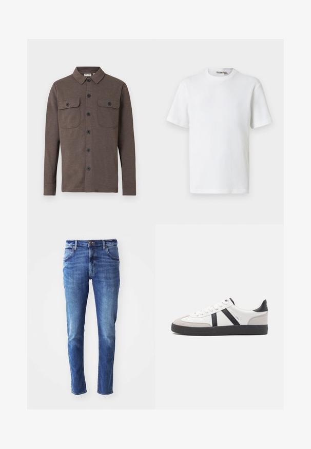 Bruine lange-mouw blouse met knopen, voorzien van twee borstzakken met knopen en een klassieke kraag, op een witte achtergrond.; Wit T-shirt met korte mouwen, wafelstructuur en ronde hals, met een klein merkembleem aan de binnenkant van de kraag, afgebeeld op een effen achtergrond.; Blauwe jeans van denim met een slim fit, vijf zakken en een lichte vervaging. Voorzien van een merkbutton en een ritsluiting.; Witte sneaker met zwarte en grijze accenten, voorzien van een grijze neus met textuur, zwarte rubberen zool en platte witte veters. Schoon ontwerp, minimalistische stijl.
