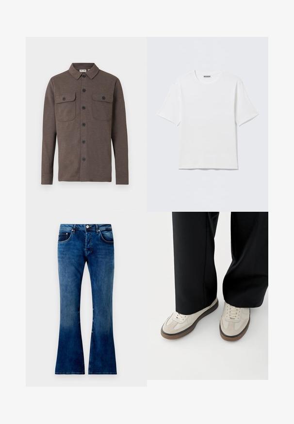 Brun langærmet skjorte med knapper og to brystlommer med knapper samt en klassisk krave på hvid baggrund.; Hvid, kortærmet t-shirt med rund hals og et lille "WEEKDAY"-mærke på indersiden af bagkraven, vist på en flad overflade.; Udsvingede blå denim jeans med en mellemwash, der har fem lommer, en knaplukning og synlig syning. Glat tekstur med let falmning.; Fødder iført beige sneakers med brune såler og sorte bukser med vide ben på hvid baggrund.