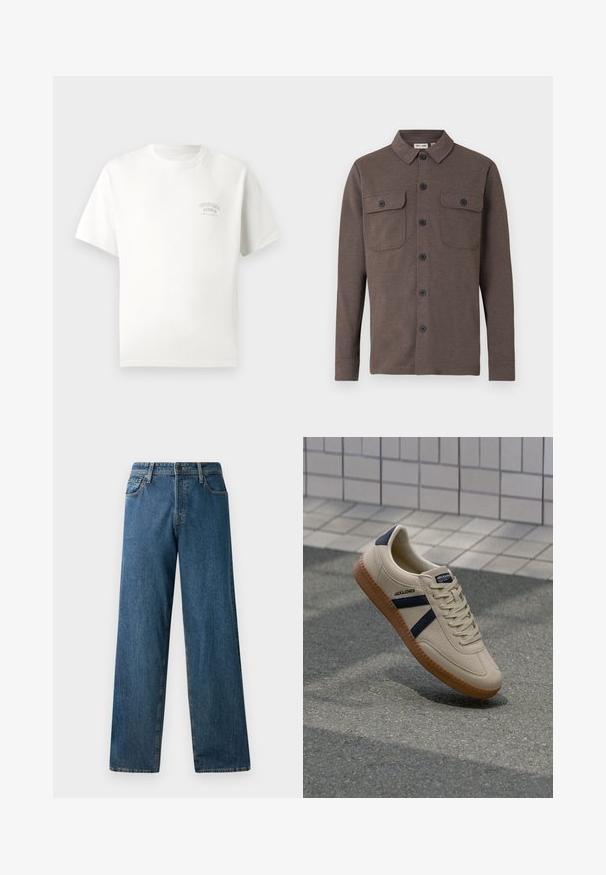 Braunes langärmeliges Hemd mit Knöpfen, zwei knöpfbaren Brusttaschen und klassischem Kragen auf weißem Hintergrund.; Weißes T-Shirt mit kurzen Ärmeln und kleinem Aufdruck "Originals Studio Urban Aesthetic" auf der linken Brust.; Dunkelblaue Jeans aus Denim mit einem lässigen Schnitt, geraden Beinen, fünf Taschen und kontrastierenden Nähten. Verfügt über einen Frontknopf und einen Reißverschluss.; Beige Sneaker mit strukturierter Oberfläche, dunkelblauen Streifen und Gummisohle. Verfügt über eine gepolsterte Zunge und ein traditionelles Schnürsystem für einen sicheren Sitz.