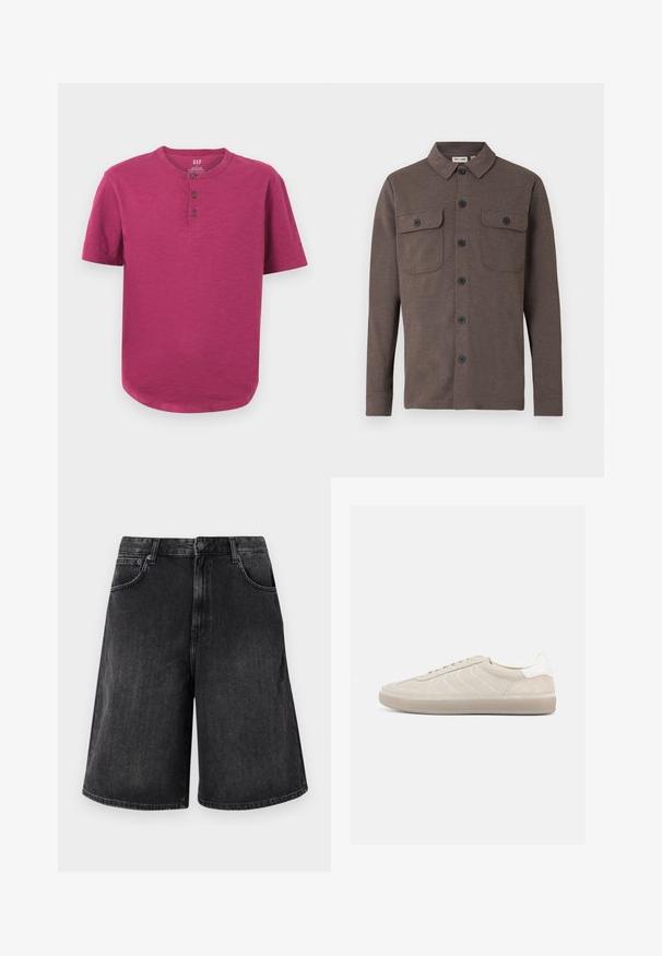 Bruine lange-mouw blouse met knopen, voorzien van twee borstzakken met knopen en een klassieke kraag, op een witte achtergrond.; Korte mouwen henley-shirt in een levendige magenta kleur. Heeft een ronde hals, een drieknoopsluiting en een licht afgeronde zoom. Zachte textuur.; Zwarte denim shorts met een brede, rechte snit, voorzien van een knoopsluiting aan de voorkant en vijf zakken. Zachte textuur met een vervaagd uiterlijk.; Beige suède sneaker met een gestructureerd bovenwerk, een gladde witte hielkap, dunne veters en een rubberen buitenzool. Heeft een slank, laag profiel.