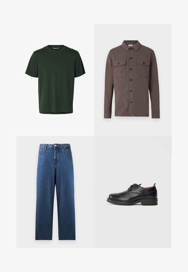 Braunes langärmeliges Hemd mit Knöpfen, zwei knöpfbaren Brusttaschen und klassischem Kragen auf weißem Hintergrund.; Dunkelgrünes T-Shirt mit kurzen Ärmeln und Rundhalsausschnitt aus glattem Stoff mit geradem Saum.; Blaue Jeans aus Denim mit gerade geschnittenem Schnitt, hoher Taille und zwei Fronttaschen. Mit klassischer Nahtverzierung und Knopfverschluss.; Schwarze Leder Derby-Schuhe mit glatter Textur, runder Zehenform, Schnürdesign und einer dicken, robusten Gummisohle.