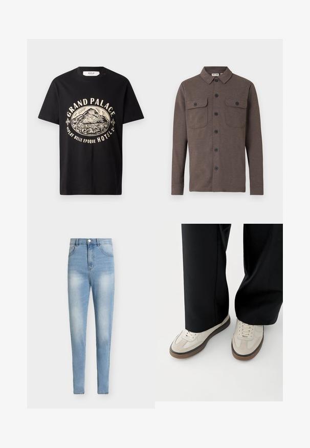 Camisa marrón de manga larga con botones, dos bolsillos en el pecho con botones y cuello clásico sobre fondo blanco.; Camiseta de algodón negra con un estampado gráfico en beige de una montaña y texto que dice "Grand Palace Replay Belle Epoque Hotel". Diseño sencillo de cuello redondo.; Vaqueros de tejido denim azul claro de tiro alto. Corte entallado con detalles desteñidos, cinco bolsillos y cierre de botón metálico.; Pies con zapatillas beige con suelas marrones y pantalones negros de pierna ancha sobre un fondo blanco.