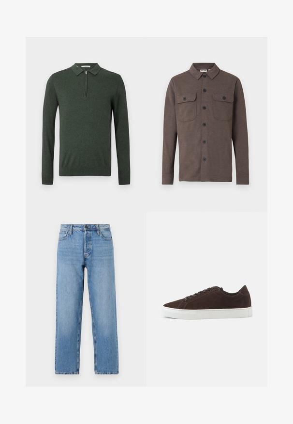 Braunes langärmeliges Hemd mit Knöpfen, zwei knöpfbaren Brusttaschen und klassischem Kragen auf weißem Hintergrund.; Dunkelgrüner Langarm-Polo-Pullover mit Viertelreißverschluss sowie gerippten Bündchen und Saum, vor einem schlichten hellen Hintergrund präsentiert.; Hellblaue Jeans aus Denim mit geradem Bein, ausgestattet mit einem Knopf- und Reißverschluss, fünf Taschen und dezentem Ausbleichen.; Dunkelbrauner Veloursleder-Low-Top-Sneaker mit passenden Schnürsenkeln und dicker weißer Gummisohle, von der Seite auf einfachem Hintergrund gezeigt.