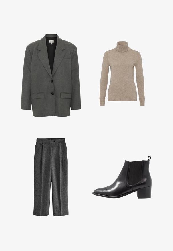 Gestuz PAULA - Blazer - dark grey melange; FTC Cashmere Strickpullover - hazelwood; Hoch taillierte, dunkelgraue, weit geschnittene Hosen aus strukturiertem Stoff mit gegabelten Seitenknöpfen, vorderen Falten und einem Knopfverschluss am Bund.; Schwarze Leder-Ankle-Boots mit elastischen Seiteneinsätzen, runder Zehenpartie und strukturiertem Blockabsatz. Mit einer Schlaufe an der Rückseite für ein einfaches An- und Ausziehen.