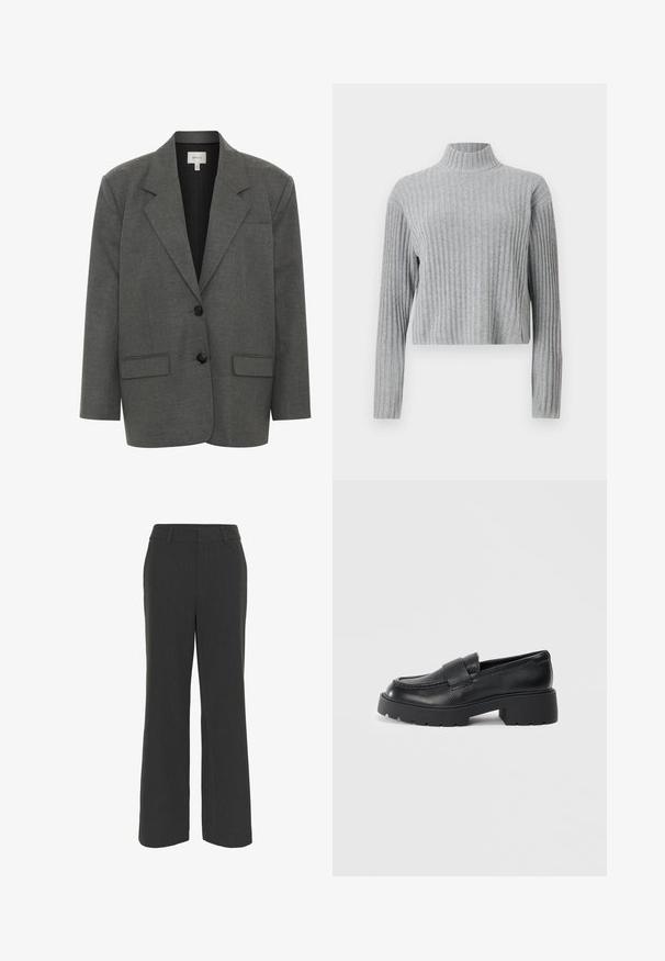 Gestuz PAULA - Blazer - dark grey melange; Suéter gris de cuello alto con mangas largas, dobladillo recortado, textura suave y diseño ajustado. Sin herrajes ni patrones visibles.; Pantalones de pierna ancha en gris oscuro con una tela texturizada, que cuentan con un frente plano, presillas para cinturón y un dobladillo limpio, adecuados para vestir formal o casual.; Mocasines de cuero negro con un acabado texturizado, que cuentan con una correa rectangular sobre el empeine y un diseño de suela gruesa y dentada.