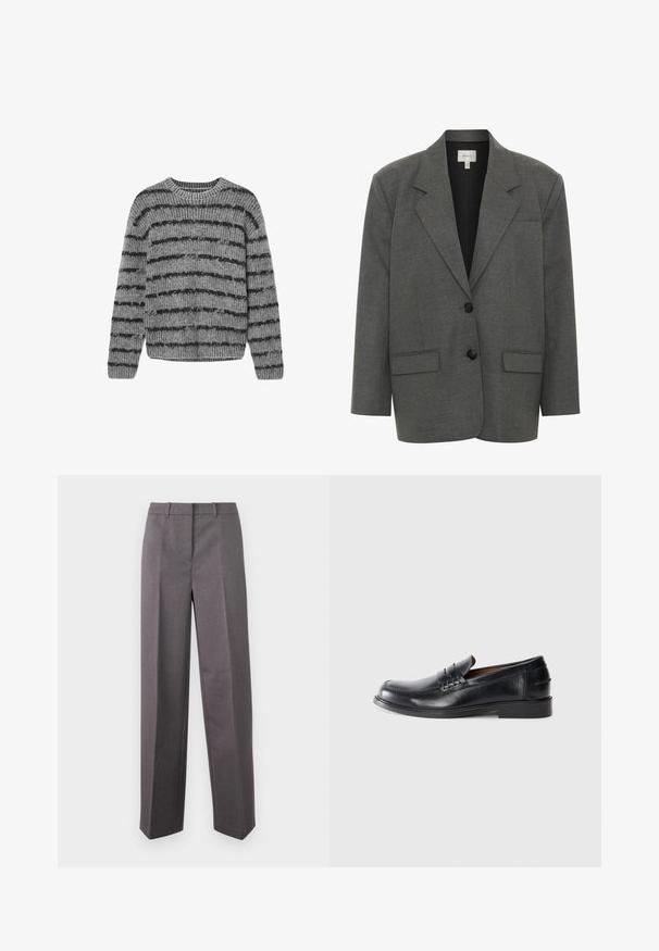 Gestuz PAULA - Blazer - dark grey melange; Pull en tricot gris avec des rayures noires horizontales, col rond et texture côtelée. Il possède des manches longues et un ourlet arrondi.; Pantalon tailleur gris en tissu texturé, avec une coupe droite, un devant plat et des passants de ceinture.; Mocassins en cuir noir avec un bout arrondi, des détails cousus et un petit talon carré. Texture lisse avec un subtil éclat.
