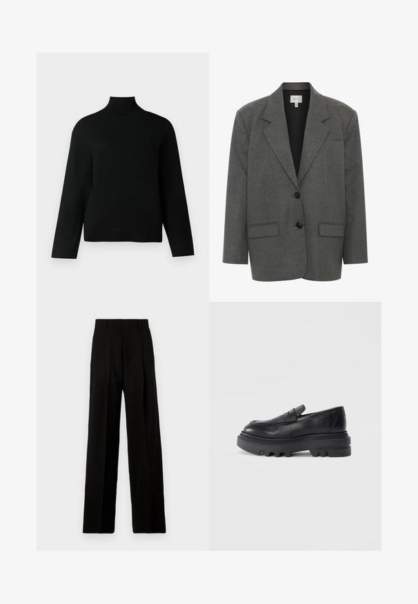 Gestuz PAULA - Blazer - dark grey melange; Sort turtleneck trøje lavet af blødt strikstof, der har lange ærmer og en afslappet pasform. Glat tekstur uden synlige mønstre eller accenter.; Sort vide bukser lavet af glat stof, med høj talje, pressefolder foran og et rent, skræddersyet design uden udsmykninger.; Sorte læder loafers med en kraftig sort sål og tekstureret stropdetalje. Den glatte overflade og den afrundede form forstærker dens moderne design.