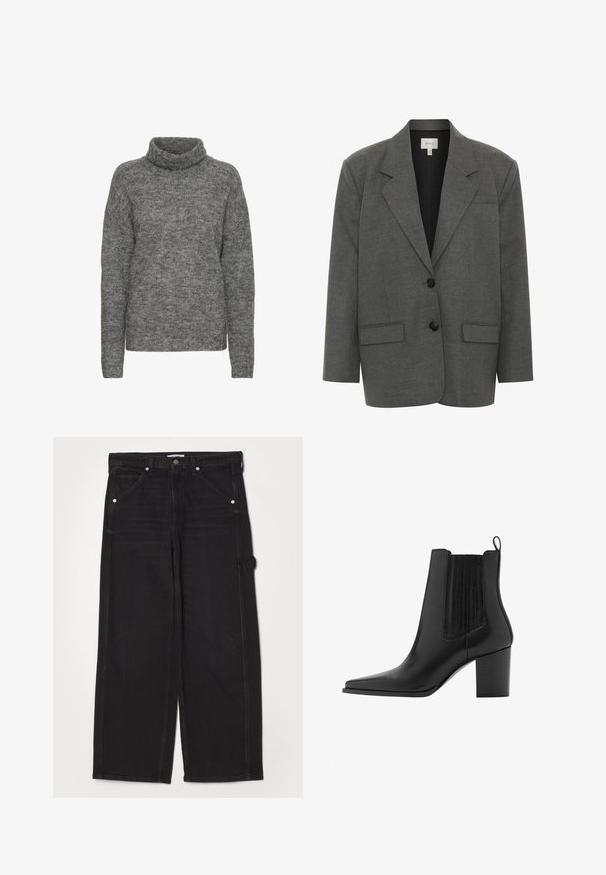 Gestuz PAULA - Blazer - dark grey melange; Grå turtleneck sweater lavet af blødt strikmateriale, med en afslappet pasform og lange ærmer med en subtil tekstur hele vejen igennem.; RE/DONE PAINTER JEAN - Jeans Relaxed Fit - crafted black; Sort læderstøvle til anklen med spids snude, blokhælk, trækflig og elastiske sidepaneler for nem påtagning.