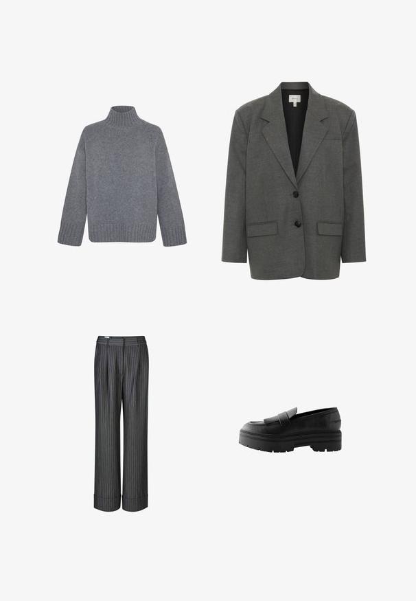Gestuz PAULA - Blazer - dark grey melange; Grijze gebreide trui met een hoge hals en geribde manchetten, met een losse pasvorm en een gemêleerd patroon door de stof.; Grijze pantalon met streepjes, in een wijde pasvorm, met een geplooide voorkant en omgeslagen pijpen. Zachte textuur, getailleerde pasvorm en een donker kleurenschema.; Zwarte leren loafers met een gestructureerd oppervlak, een opvallende voorband en dikke, chunky rubberen zolen met uitgesproken profielpatronen.