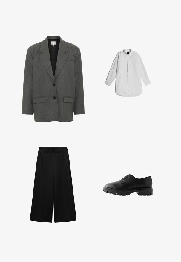 Gestuz PAULA - Blazer - dark grey melange; Weißes Langarmhemd aus leichtem Baumwollstoff. Mit einem Button-down-Kragen, einer Brusttasche und dezenten Stichdetails.; Schwarze weit geschnittene Hosen aus strukturiertem Stoff mit Seitentaschen und einem glatten Bund, designed für eine lockere Passform.; Schwarzer Lederschuh mit abgerundetem Zehenbereich, sechs Ösen, flachen Schnürsenkeln und einer stabilen Gummisohle mit tiefen Profilmustern.