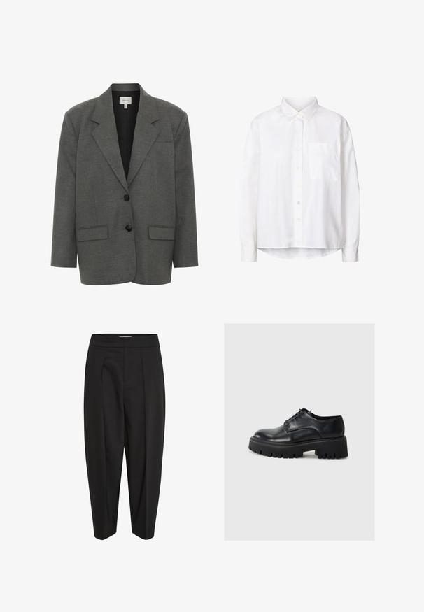 Gestuz PAULA - Blazer - dark grey melange; Witte langemouwen knoopshirt in lichte stof, met een klassieke kraag, een enkele borstzak en een afgeronde Zoom.; Zwarte broeken van een gladde stof, met een hoge taille, midden plooi en taps toelopende pijpen. Geen zichtbare zakken of versieringen.; Zwarte leren veterschoen met een ronde neus, dikke zwarte plateauzool en gestructureerde details op de rand van de zool.