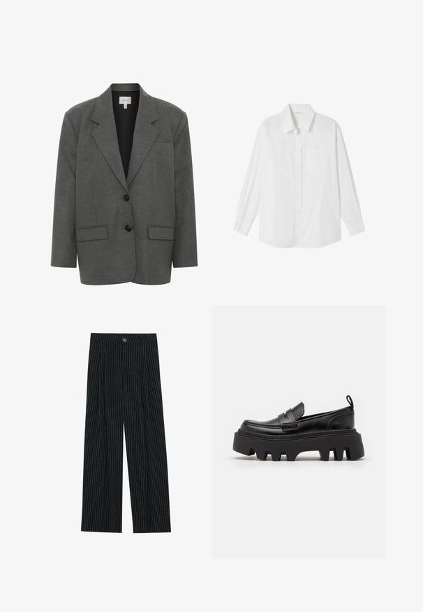 Gestuz PAULA - Blazer - dark grey melange; Hvid langærmet skjorte med knapper, krave, enkelt brystlomme og manchetter, lavet af glat, let stof.; Sorte, stribede bukser med vidde, lavet af tekstureret stof. De har en frontlukning med knap og folder for ekstra interesse.; Sorte læder loafers med en kraftig sort gummisål, der har skridsikre riller og et dekorativt bånd over forsiden.