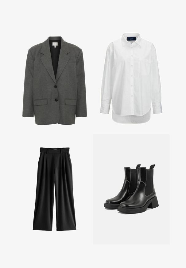 Gestuz PAULA - Blazer - dark grey melange; Weißes Langarmhemd aus glattem Baumwollstoff mit Button-Down-Kragen, Brusttasche und abgerundetem Saum. Verfügt über eine Schulterpasse für zusätzliche Struktur.; Schwarze weite Hose mit Bügelfalten, Seitentaschen und einem Bund mit Gürtelschlaufen.; Schwarze Leder Chelsea-Stiefel mit einem klobigen Absatz, elastischen seitlichen Einsätzen und kontrastierendem weißen Nähten. Strukturierte Oberfläche.