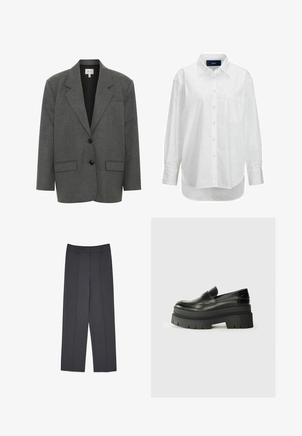 Gestuz PAULA - Blazer - dark grey melange; Camisa blanca de manga larga en algodón suave con cuello abotonado, bolsillo frontal y dobladillo curvado. Cuenta con un canesú en la parte posterior para mayor estructura.; Pantalones grises a medida con un diseño de pierna recta, que cuentan con pliegues prensados, una textura suave y presillas para cinturón. No hay bolsillos visibles.; Mocasines de cuero negro con suela de plataforma contundente. Punta redondeada, detalle de costura en la parte delantera y sutiles acentos de costura. Suela plana y texturizada.