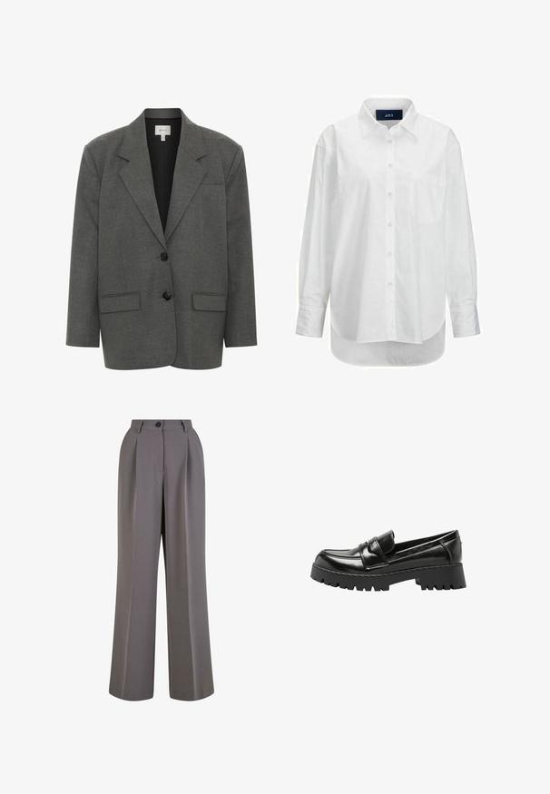 Gestuz PAULA - Blazer - dark grey melange; Hvid langærmet skjorte i glat bomuld med knapkrave, frontlomme og buet nederkant. Har en rygskulder for ekstra struktur.; Bredbukser i gråt stof med for-pletninger, en enkelt knaplukning og sidelommer. Glat tekstur og skræddersyet design.; Sort læderloafer med kraftig rillede sål og lav blokhæl, med mok-tå og remdetalje over toppen.