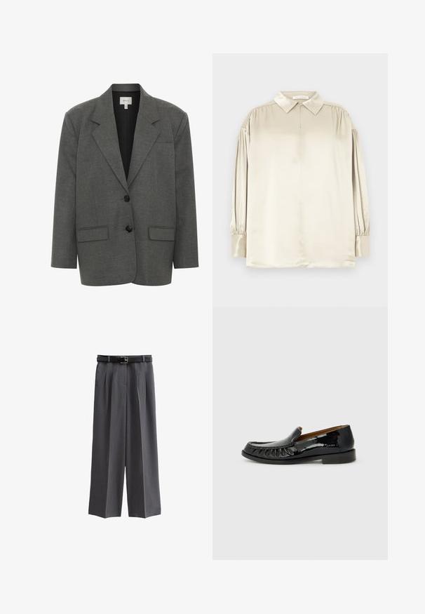 Gestuz PAULA - Blazer - dark grey melange; Blusa de satén beige de manga larga con cuello puntiagudo, puños con botones y sutiles recogidos en los hombros, extendida y plana.; Pantalones de pierna ancha grises, elaborados con un tejido texturizado, que cuentan con un cinturón negro con hebilla cuadrada y pliegues en la parte frontal. Incorporan bolsillos sencillos.; Mocasines de charol negro con un diseño de flecos en la parte delantera y puntera redonda. La suela es plana y texturizada para mayor agarre.