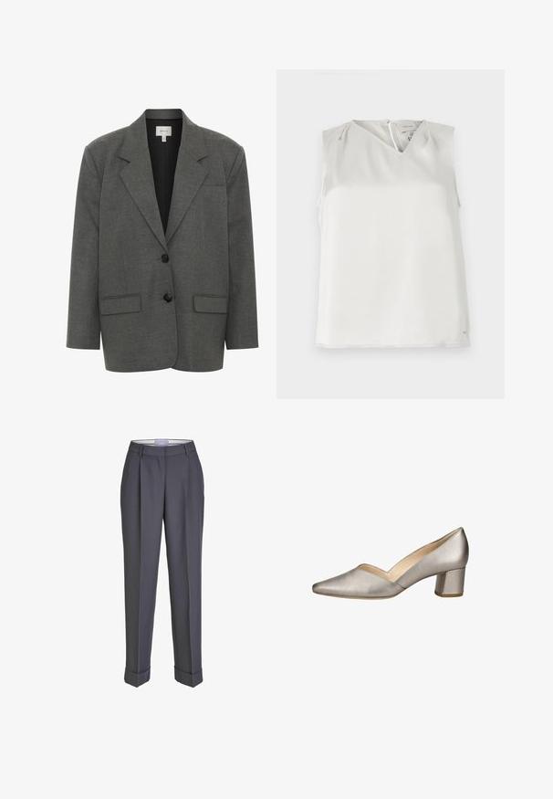 Gestuz PAULA - Blazer - dark grey melange; Ærmeløs hvid bluse med V-udskæring, diskrete folder ved skuldrene og lynlåslukning bagpå, vist på ensfarvet baggrund.; Mørkegrå skræddersyede bukser med lige ben, plisseret for og opsmøgte manchetter. Lavet af glat stof med en klassisk talje.; Damesko i metalsølv læder med lav blokhælkappe, spids tå og V-formet udskæring i siden.