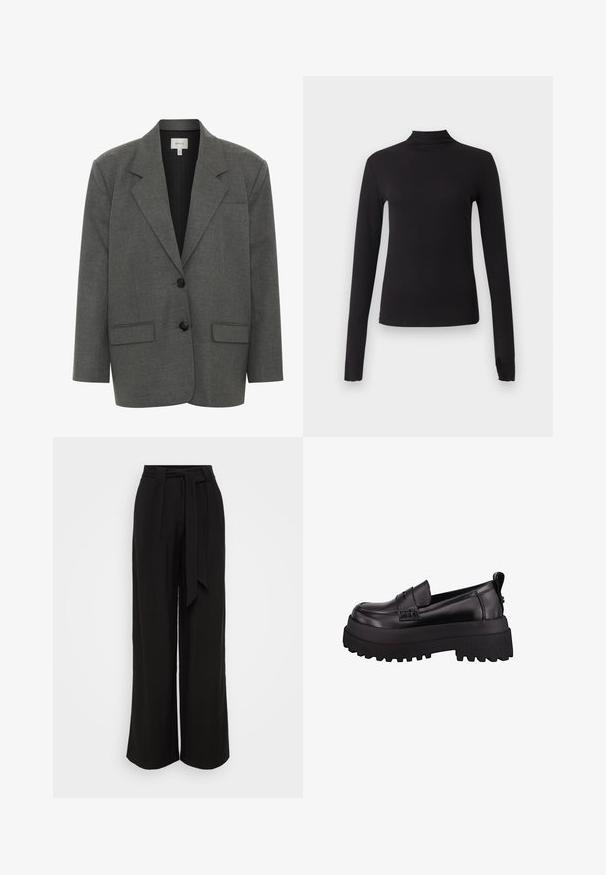 Gestuz PAULA - Blazer - dark grey melange; Haut noir ajusté à manches longues avec col montant, présenté sur un fond gris clair uni.; Pantalon large noir en tissu lisse, avec taille haute, ceinture à nouer et plis pour une allure structurée.; Mocassins en cuir verni noir avec une semelle en caoutchouc épaisse et texturée, présentant un détail cousu à l'avant et une petite languette à l'arrière.