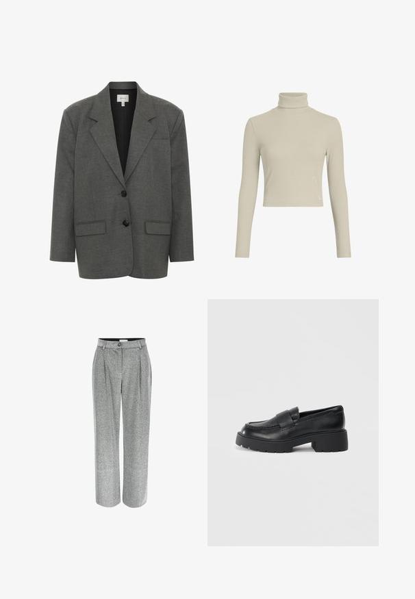 Gestuz PAULA - Bleiser - dark grey melange; Helebeige soontekkidega pikade varrukatega tops, millel on kitsa lõike ja kõrge kaelus. Omab peent logotagi allservas. Sile tekstuur.; Hallakas, laiad püksid tekstureeritud pinna ja ees olevate voltidega, millel on vöökoht, millel on üks nupulett.; Musträid nahast loafertossud struktureeritud viimistlusega, millel on ristkülikukujuline rihm vampi üle ja jäme, soonikuga talla disain.