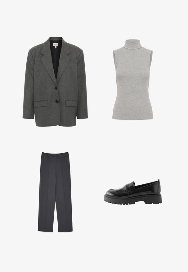 Gestuz PAULA - Blejzer - dark grey melange; Halenka bez rukávov s vysokým golierom v svetlošedej rebrovanej látke. Má priliehavý strih a vysoký golier. Hladká textúra s minimálnym zdobením.; Hnedé prispôsobené nohavice s rovnými nohavicami, s prežehlenými záhybmi, hladkou textúrou a pútkami na opasok. Žiadne viditeľné vrecká.; Čierne lakované kožené mokasíny majú nízku platformu s robustnou podrážkou a prešitý detail cez strednú časť chodidla.