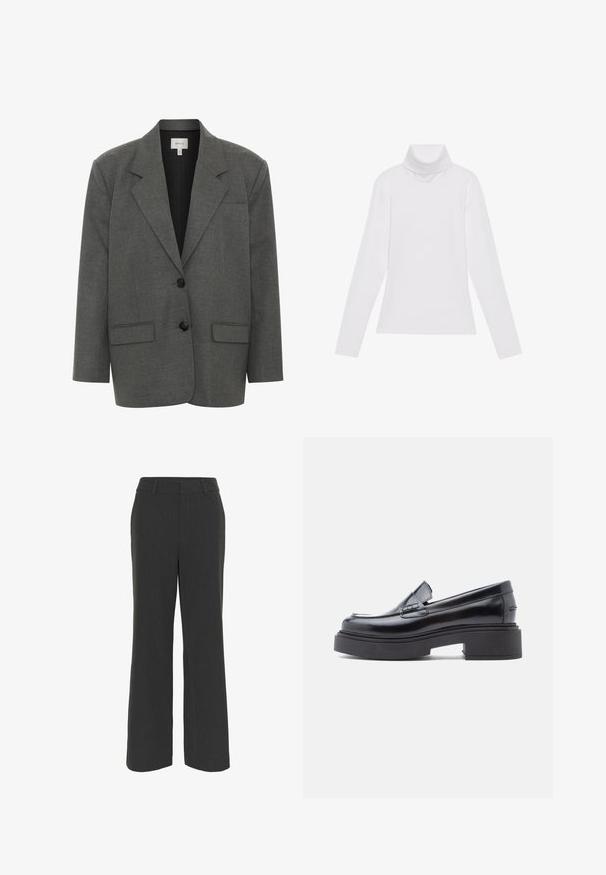 Gestuz PAULA - Blazer - dark grey melange; Top blanco de manga larga y cuello alto, confeccionado en una tela suave y elástica. Presenta un diseño ajustado, sin patrones o adornos visibles.; Pantalones de pierna ancha en gris oscuro con una tela texturizada, que cuentan con un frente plano, presillas para cinturón y un dobladillo limpio, adecuados para vestir formal o casual.; Mocasines de cuero negro con puntera redondeada, que presentan una suela de plataforma elevada y una simple correa decorativa en el empeine. Acabado suave.