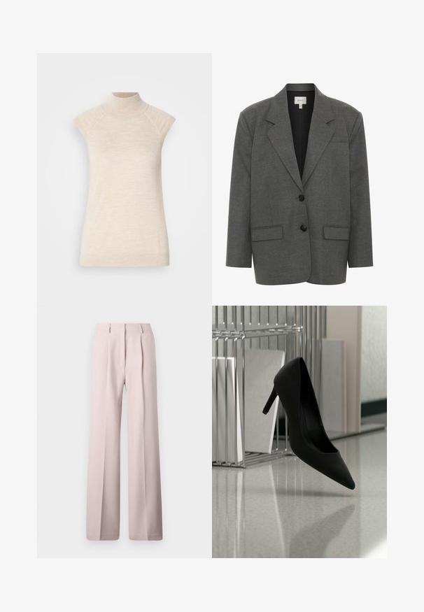 Gestuz PAULA - Blazer - dark grey melange; Beige hooggesloten mouwloze top, gemaakt van zachte, gestructureerde stof. Beschikt over raglan-schouderpassen en een getailleerde pasvorm. Geschikt voor gelaagde outfits.; Lichtroze, wijde broek met een gladde textuur, voorzien van voorplooien en een op maat gemaakte tailleband. Geen zichtbare hardware of patronen.; Zwarte high-heeled schoen in balans op de hiel op een reflecterende aanrecht bij metalen ordnerhouders met witte mappen.