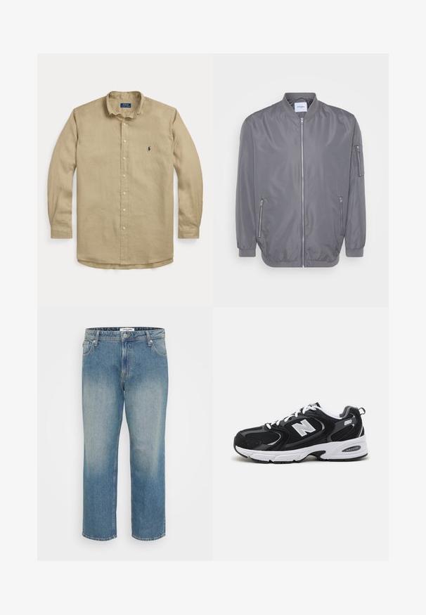 Graue Bomberjacke mit einem Reißverschluss vorne, geripptem Kragen und Bündchen, seitlichen Reißverschlusstaschen und einer kleinen Armtasche. Glattes, leichtes Material.; Beige langärmliges Hemd zum Knöpfen mit Kragen, vorderen Knöpfen und kleinem dunkelblau besticktem Logo auf der linken Brust.; Geradlinige blaue Jeans aus Denim mit verblasster Vorderseite, Fünf-Taschen-Design, Knopf- und Reißverschluss sowie Gürtelschlaufen.; Schwarze und graue Sportschuhe mit Obermaterial aus Mesh und Wildleder, ausgestattet mit einer weißen Zwischensohle, Schnürsenkeln und einem markanten "N"-Logo an der Seite.