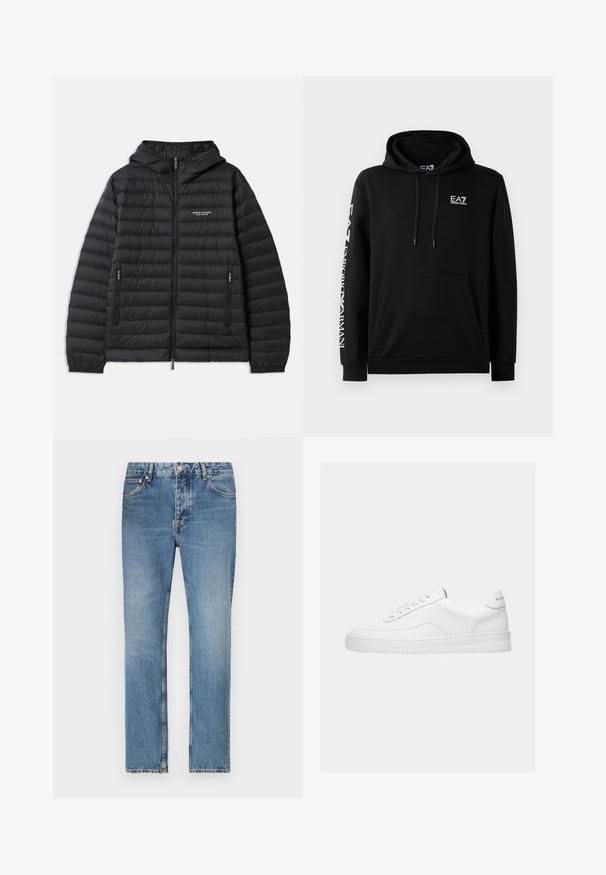 Veste noire matelassée avec capuche, fermeture éclair sur le devant et deux poches latérales. Présente un logo sur la poitrine gauche et un design texturé, matelassé.; Sweatshirt à capuche noir en mélange de coton. Doté d'une poche avant, d'une capuche avec cordon de serrage et de l'emblème EA7 en blanc sur la poitrine et la manche.; Jean en denim bleu clair avec une coupe droite, cinq poches et une fermeture à glissière. Détails de décoloration et de couture distincts.; Baskets basses blanches avec un design à lacets, dessus en cuir lisse et semelle épaisse, montrées de profil sur un fond uni.